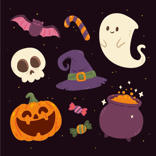 Vettore gratuito collezione di elementi piatti di halloween disegnati a mano