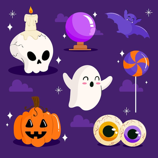 Vettore gratuito collezione di elementi piatti di halloween disegnati a mano