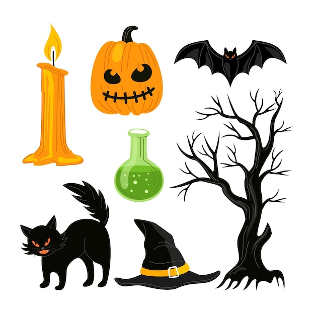 Vettore gratuito collezione di elementi piatti di halloween disegnati a mano