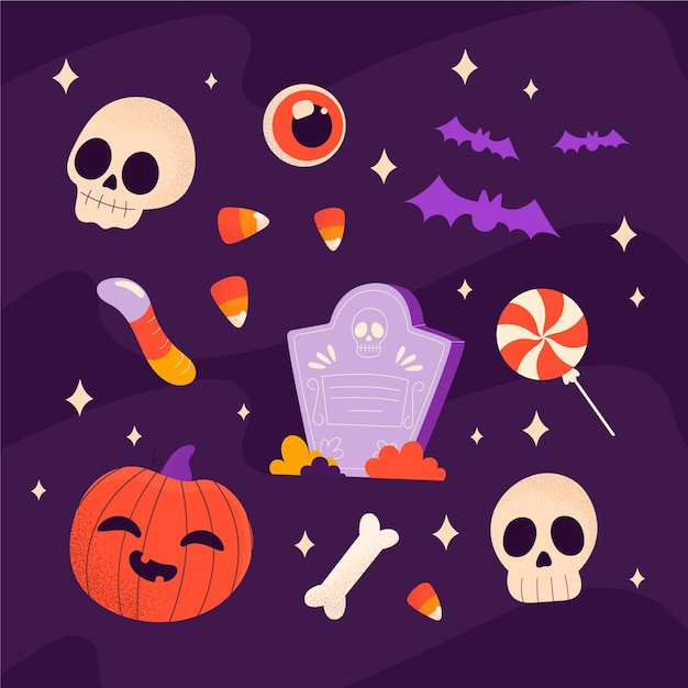 Vettore gratuito collezione di elementi piatti di halloween disegnati a mano