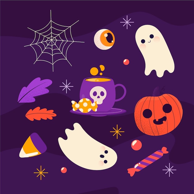 Vettore gratuito collezione di elementi piatti di halloween disegnati a mano