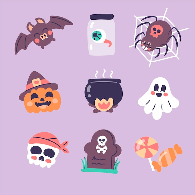 無料ベクター 手描きのフラットハロウィン要素コレクション