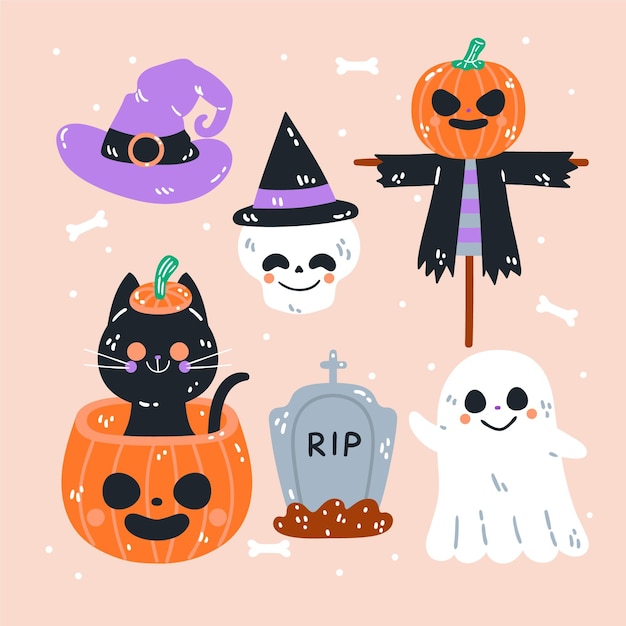 無料ベクター 手描きのフラットハロウィン要素コレクション