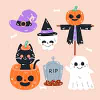 無料ベクター 手描きのフラットハロウィン要素コレクション