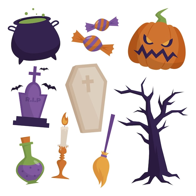 Hand drawn flat halloween elements collection