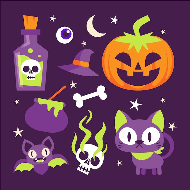 手描きのフラットハロウィン要素コレクション