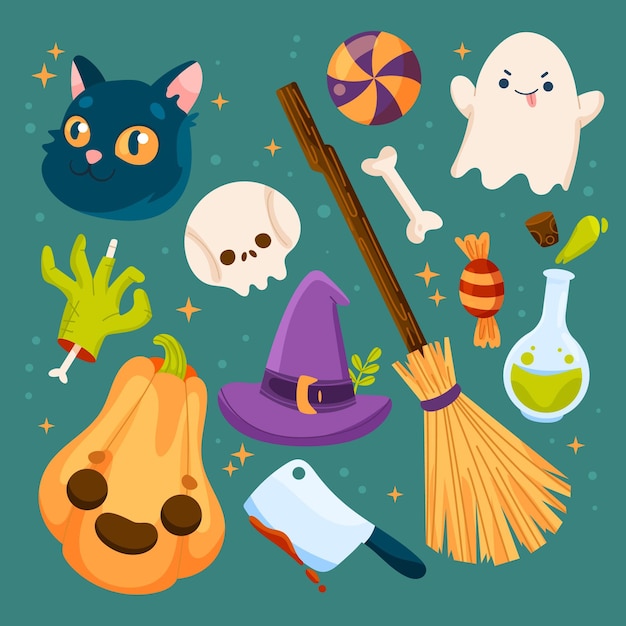 Vettore gratuito collezione di elementi piatti di halloween disegnati a mano