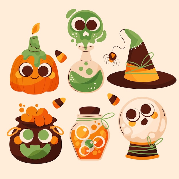 Hand drawn flat halloween elements collection