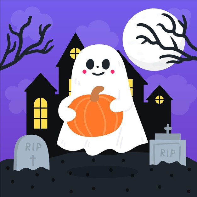 無料ベクター 手描きフラットハロウィンゴーストイラスト