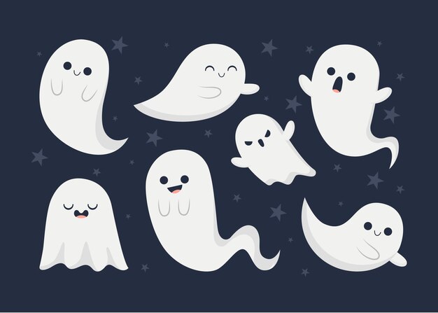 Hand drawn flat halloween ghosts collection