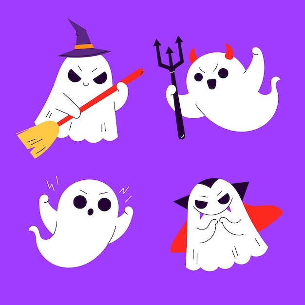 Hand drawn flat halloween ghosts collection