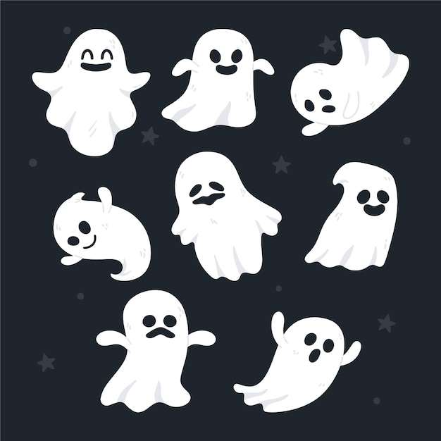 無料ベクター 手描きのフラットハロウィンゴーストコレクション