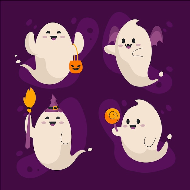 Hand drawn flat halloween ghosts collection