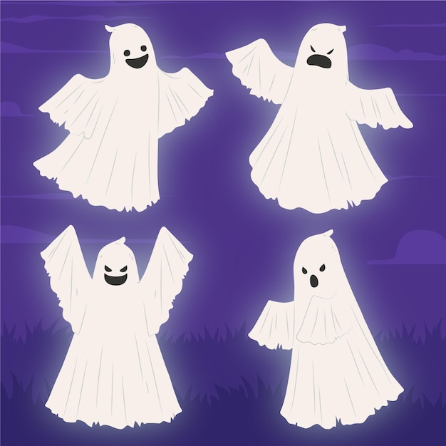 Hand drawn flat halloween ghosts collection