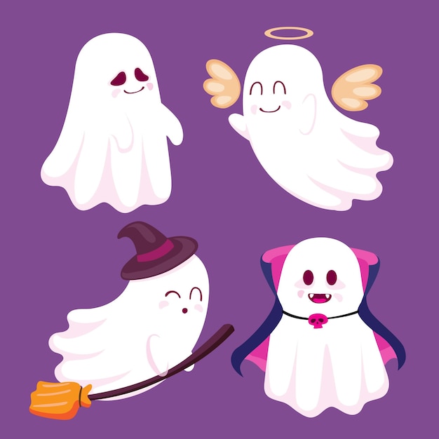 無料ベクター 手描きのフラットハロウィンゴーストコレクション