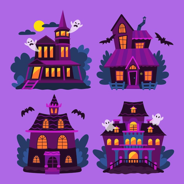 Free vector hand drawn flat halloween haunted houses collection