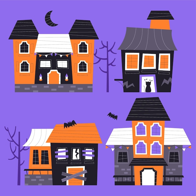 Hand drawn flat halloween haunted houses collection