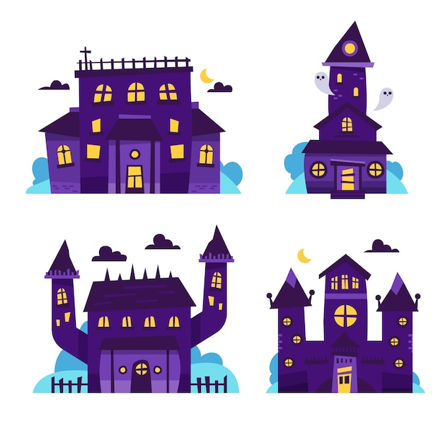 Hand drawn flat halloween haunted houses collection Free Vector