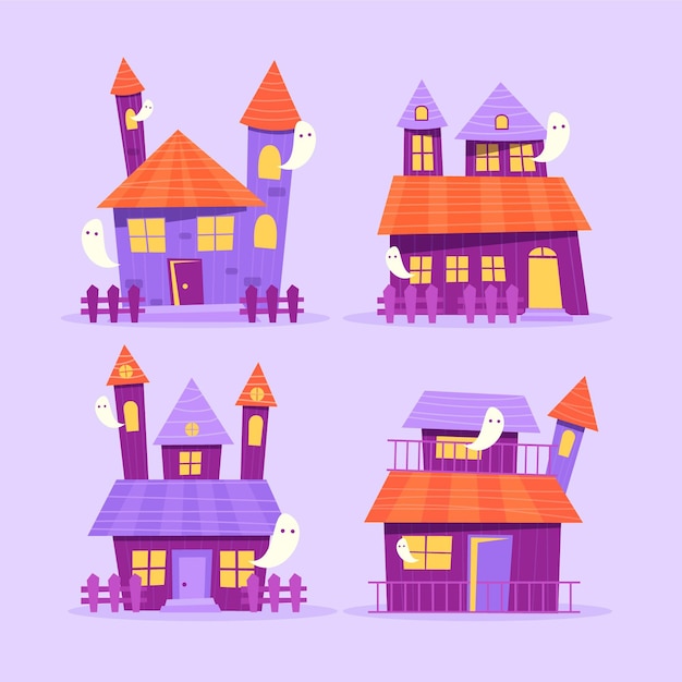 Hand drawn flat halloween haunted houses collection