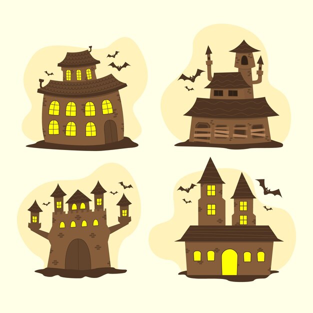 Hand drawn flat halloween haunted houses collection