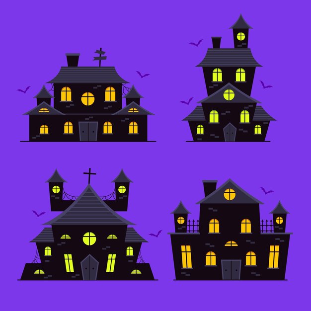 Hand drawn flat halloween haunted houses collection