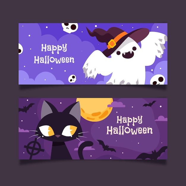 Set di banner orizzontali di halloween piatto disegnato a mano