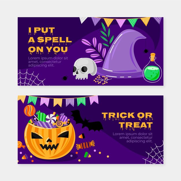 Set di banner orizzontali di halloween piatto disegnato a mano