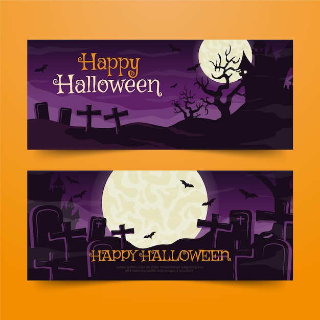 Vettore gratuito set di banner orizzontali di halloween piatto disegnato a mano