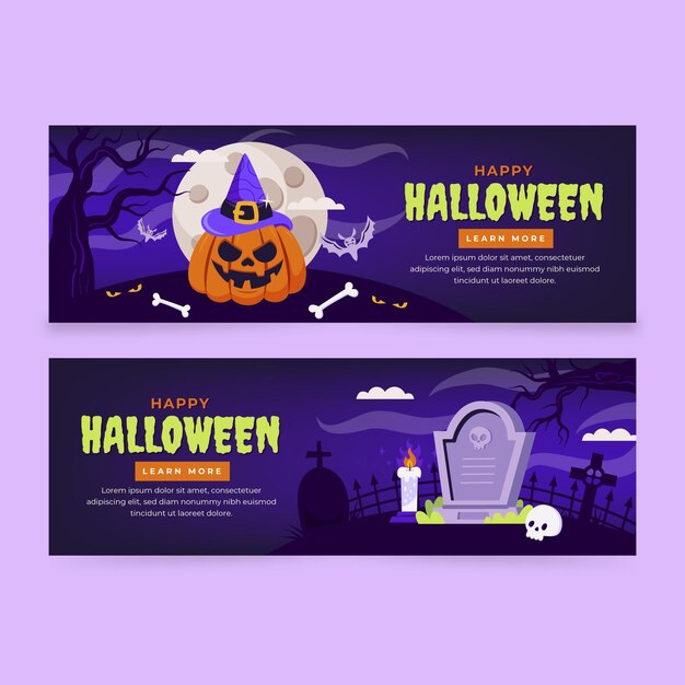 Hand drawn flat halloween horizontal banners set