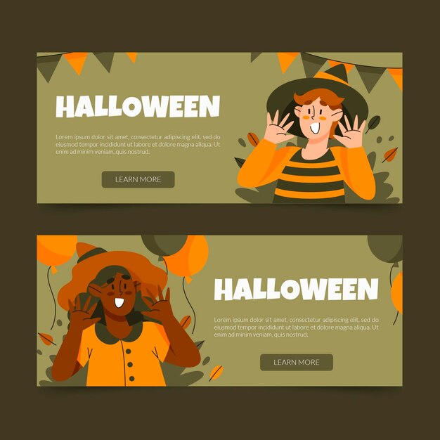 Hand drawn flat halloween horizontal banners set