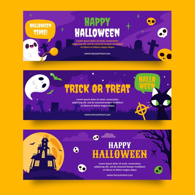 Set di banner orizzontali piatti di halloween disegnati a mano