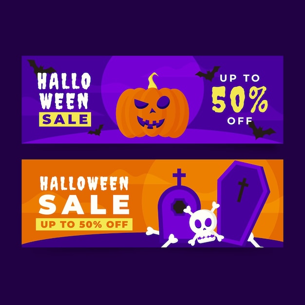 Vettore gratuito set di banner di vendita orizzontale piatto halloween disegnato a mano