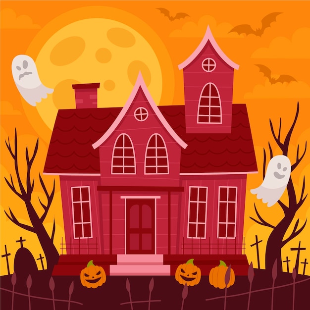 Hand drawn flat halloween house illustration