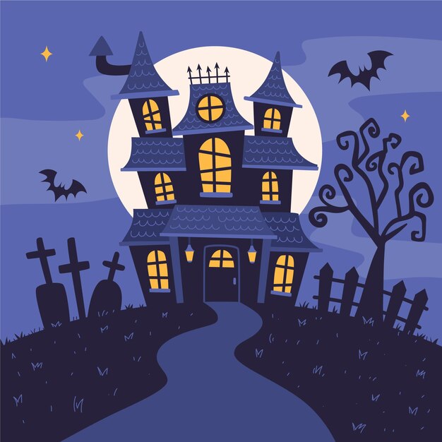 Hand drawn flat halloween house illustration