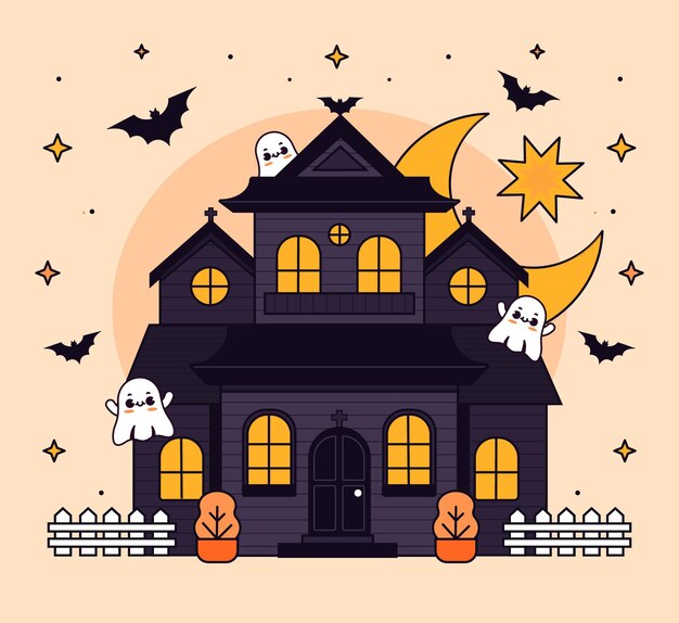 Hand drawn flat halloween house illustration