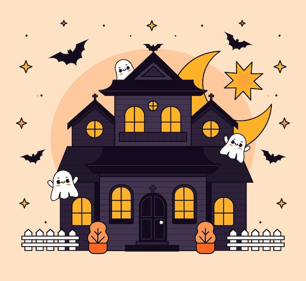 Hand drawn flat halloween house illustration