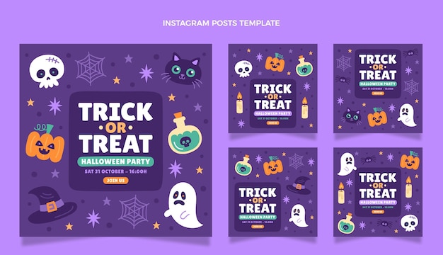 Collezione di copertine di instagram di halloween piatto disegnato a mano