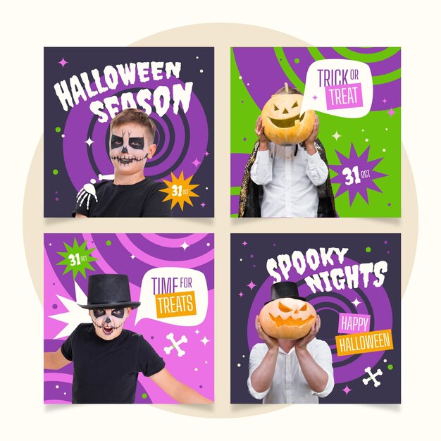 Hand drawn flat halloween instagram posts collection with photo