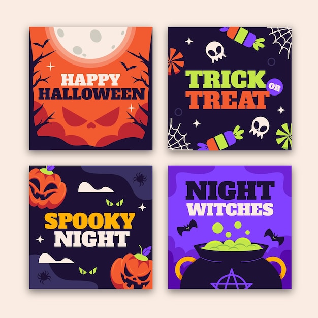 Free vector hand drawn flat halloween instagram posts collection