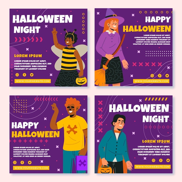 Hand drawn flat halloween instagram posts collection