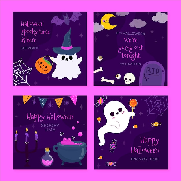 Hand drawn flat halloween instagram posts collection