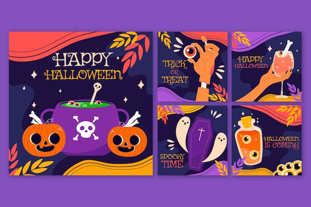 Free vector hand drawn flat halloween instagram posts collection