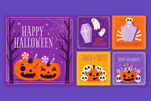 Free vector hand drawn flat halloween instagram posts collection