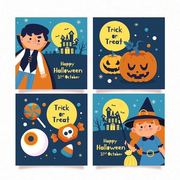 Hand drawn flat halloween instagram posts collection