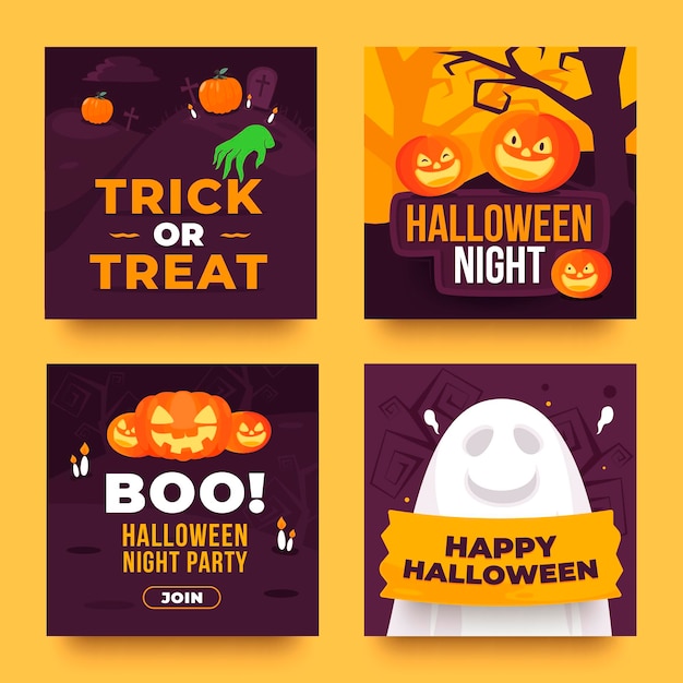 Free vector hand drawn flat halloween instagram posts collection