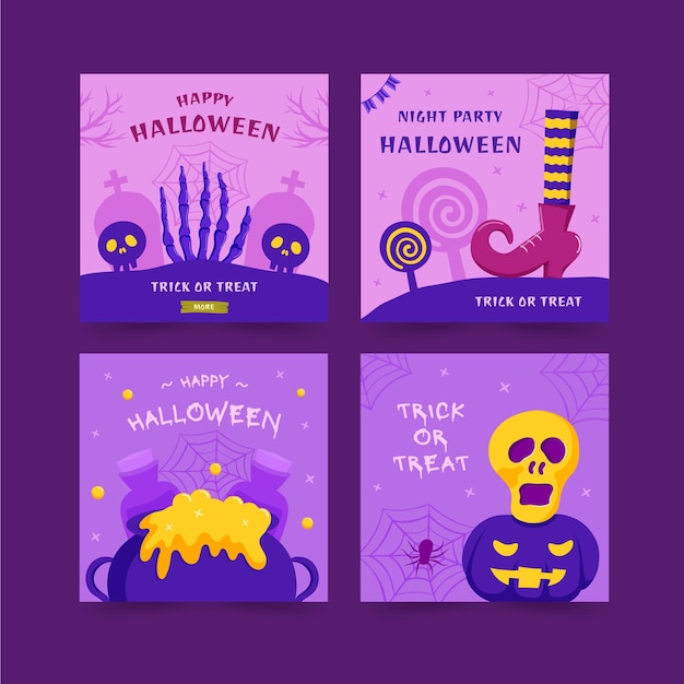 Free vector hand drawn flat halloween instagram posts collection