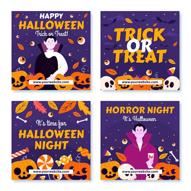 Free vector hand drawn flat halloween instagram posts collection