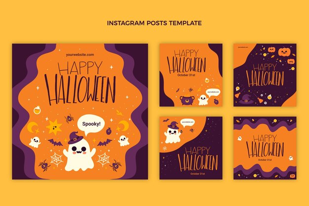 Hand drawn flat halloween instagram posts collection