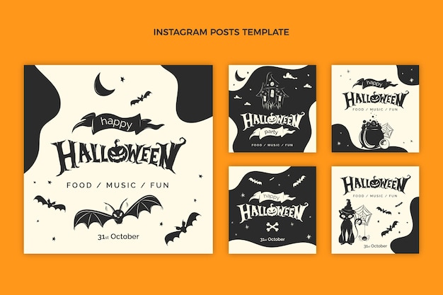 Free vector hand drawn flat halloween instagram posts collection