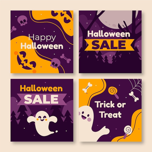 Free vector hand drawn flat halloween instagram posts collection